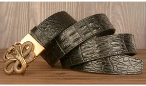 Men's genuine leather belt with realistic crocodile pattern and unique gold cobra snake buckle.