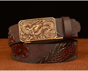 Detailed view of the men's embossed leather belt featuring a vintage dragon pattern metal automatic buckle.