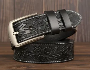 Men's black cowhide leather belt featuring stylish floral embossed carving pattern and pin buckle.