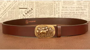 Men's leather belt with retro wolf pack metal automatic buckle, casual business cowhide strap.