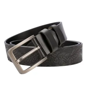 Men's black leather belt with embossed dragon pattern and metal pin buckle for jeans.