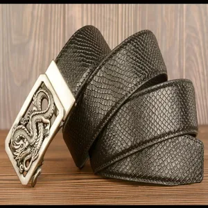 Men's vintage crocodile pattern leather belt with metallic dragon automatic buckle for casual wear.