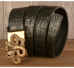 Men's black crocodile pattern genuine leather belt with metallic gold cobra buckle detail