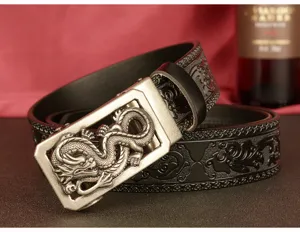 Men's leather automatic buckle belt with detailed dragon metal design and embossed strap.