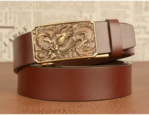 Men's leather belt with dragon automatic metal buckle, brown cowhide casual jeans belt.