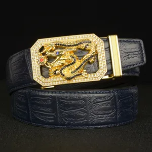 Men luxury dress belt with gold rhinestone dragon automatic buckle and blue leather strap.