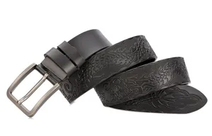 Men's leather belt with exquisite embossed floral pattern and metal buckle for jeans fashion.