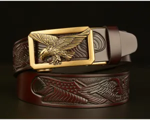 Men leather belt embossed eagle automatic buckle casual vintage metal cowhide jeans strap