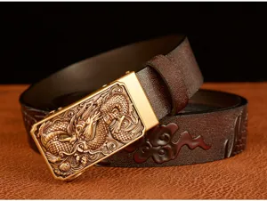 Men leather belt with gold dragon buckle vintage embossed cowhide automatic belt for jeans.