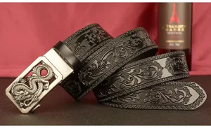 Men's genuine leather automatic buckle belt with embossed dragon pattern and scroll design.