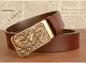 Men automatic buckle cowhide leather belt with exquisite embossed dragon metal buckle for daily use