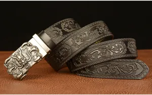 Men's retro embossed leather belt with detailed dragon claw buckle and intricate carved patterns.