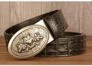 Men retro automatic buckle leather belt featuring three wolf head metal buckle and crocodile pattern.