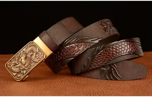Men dragon embossed leather belt casual automatic buckle cowhide jeans belt ethnic style detail