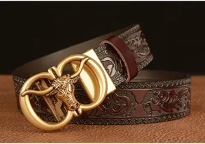 Men's automatic buckle leather belt featuring a detailed bull head and embossed vintage pattern.