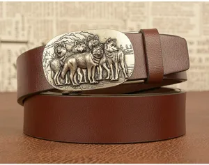 Close-up detail of mens leather belt with embossed wolf pack metal buckle, vintage brown texture.
