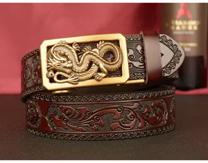 Men leather belt with dragon automatic buckle and embossed floral pattern for daily wear.