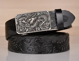 Men's black leather belt with exquisite silver dragon buckle and embossed pattern casual jeans belt