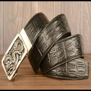 Men's retro crocodile pattern leather belt with exquisite dragon automatic metal buckle detail.