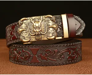Detailed close-up of men's embossed leather belt featuring an intricate 3D dragon claw buckle.