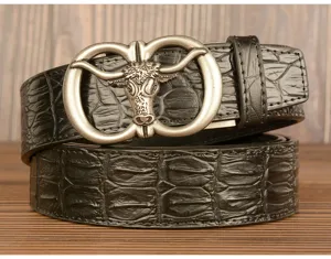 Men's black crocodile pattern leather belt with vintage metal bull head automatic buckle detail