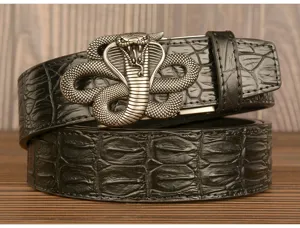 Men's cowhide leather belt with embossed crocodile pattern and cobra snake buckle accessory