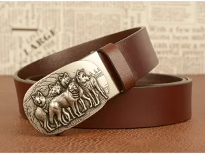 Men brown leather belt with metal wolf pack relief automatic buckle for casual wear