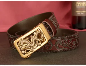 Men's leather belt with dragon buckle and embossed Tang grass pattern for stylish wear.