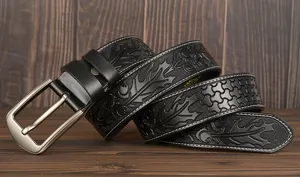 Men's genuine leather embossed floral carved casual belt with durable metal pin buckle.