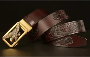 Men leather belt automatic buckle embossed eagle brown casual trousers strap waist accessory