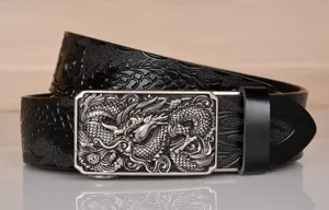 Men's black leather belt with detailed embossed dragon pattern and silver metallic buckle.