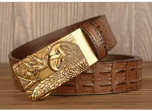 Men's vintage crocodile pattern leather belt with gold eagle automatic buckle for casual wear.