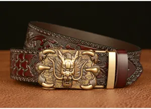 Close-up view of men's genuine leather belt with embossed dragon claw buckle detail.