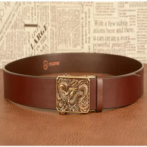 Men's brown leather belt featuring an intricate gold dragon automatic buckle casual wear.