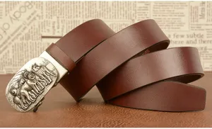 Mens leather belt with metal wolf buckle business casual stylish brown waist strap accessories.