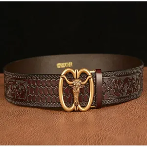 Men's leather belt with retro embossed Tang grass pattern and unique gold bull head buckle.