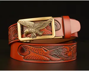 Men's leather belt with eagle automatic buckle, embossed retro cowhide strap for casual jeans.