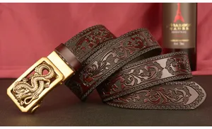 Men leather belt embossed floral strap gold tone dragon automatic buckle fashion casual