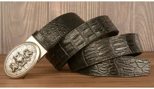 Men's crocodile pattern leather belt with vintage wolf head metal automatic buckle for business.