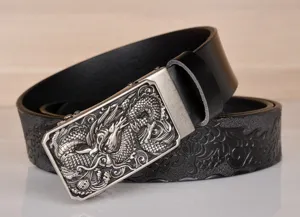Close-up detail of the embossed dragon leather belt with metallic automatic buckle.