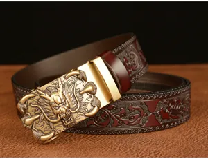 Men's vintage automatic buckle leather belt featuring exquisite carved dragon motif.