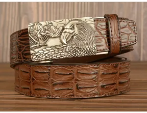 Men's vintage crocodile pattern cowhide leather belt with detailed eagle metal automatic buckle.