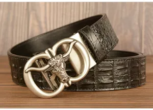 Close-up of men's leather belt with retro bull head automatic buckle and croc pattern detail