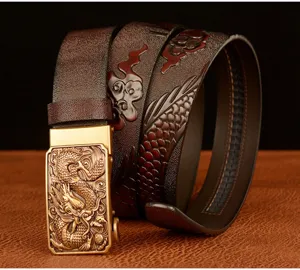 Men's embossed dragon leather belt with automatic golden metal buckle for casual wear