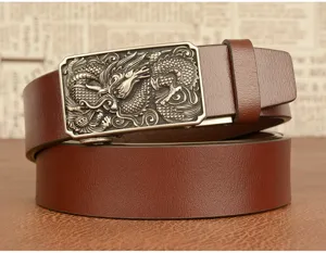 Men's leather casual belt with metallic dragon automatic buckle, vintage style jeans belt.