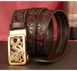 Men's automatic buckle leather belt with exquisite dragon metal clasp and embossed scroll pattern.