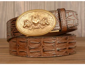 Men's vintage crocodile pattern leather belt with gold three wolf head buckle detail.