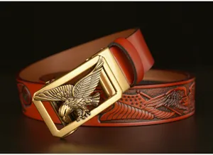 Men's leather automatic buckle belt with vintage eagle brass buckle and embossed pattern.