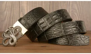 Men's fashion leather belt featuring crocodile pattern texture and unique metal snake buckle detail.