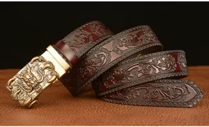 Men's retro embossed leather belt with luxury dragon claw automatic metal buckle detail.